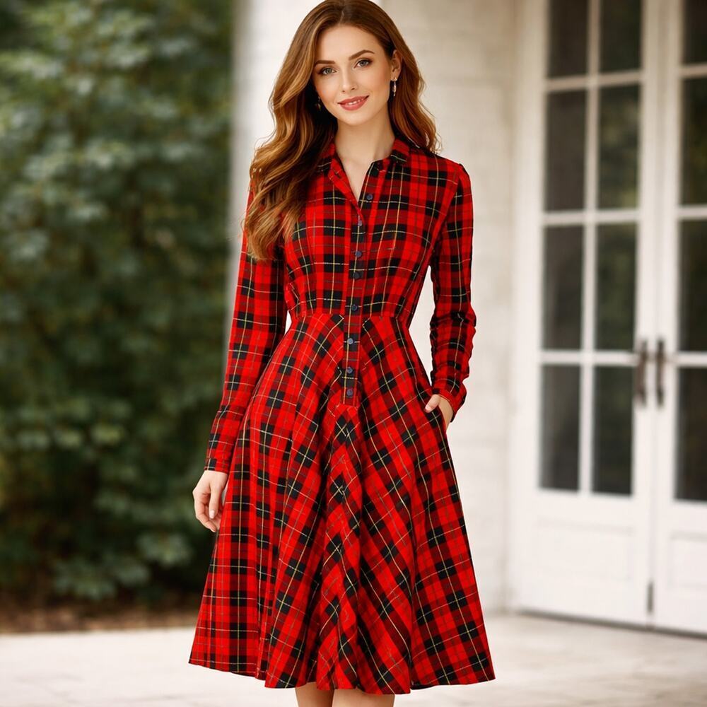 Vintage Red Plaid Shirt Dress Tartan Fit & Flare Long Sleeve B36 W28 - Hey Viv - Picture 2 of 9
